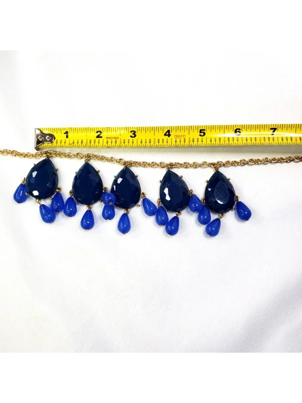Gold-Tone Statement Bib Necklace With Blue Teardrop Plastic Faceted Accents